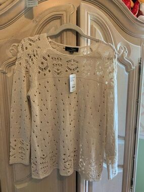 Suzanne Betro Cream Crochet Open-Knit Long Sleeve Sweater